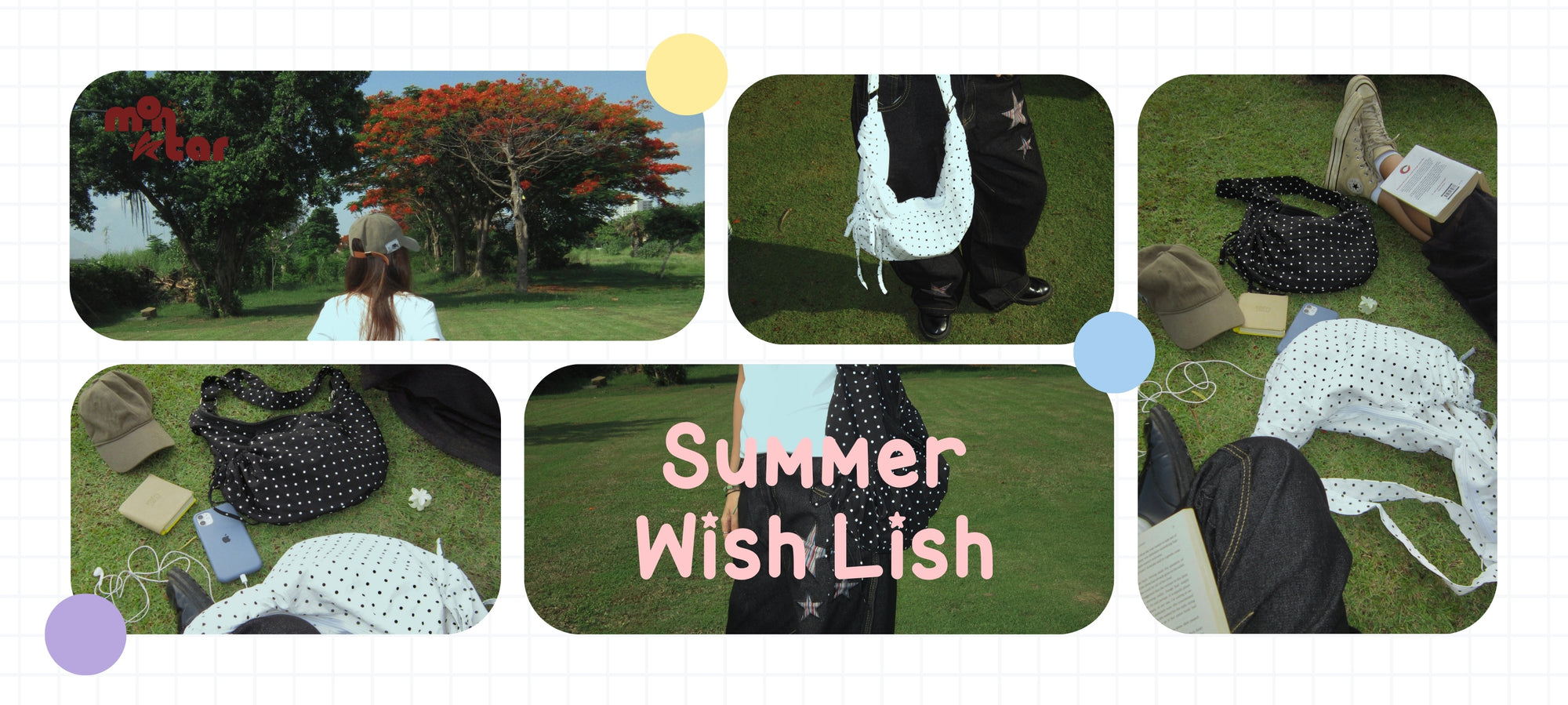 Collage of people with handbags in a park setting, featuring the text 'Summer Wish Lish'.