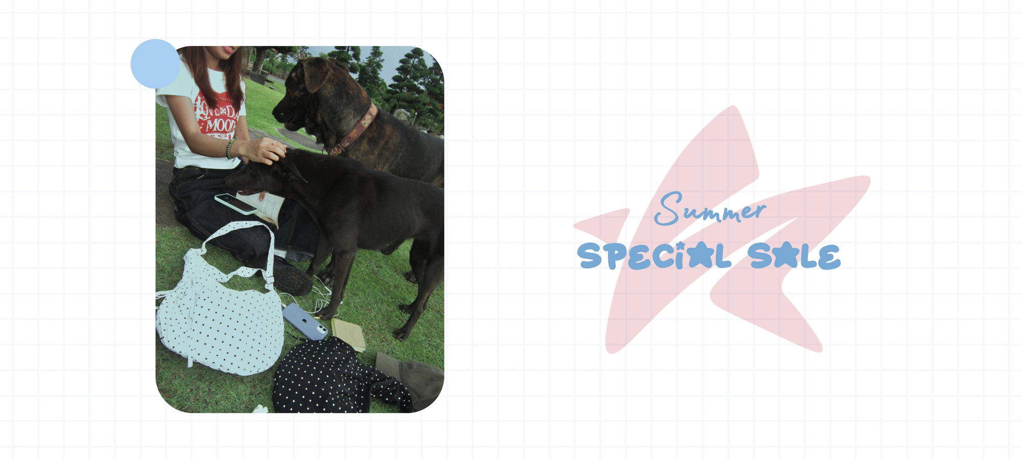 Two dogs on a leash with a 'Special Sale' sign in the corner.