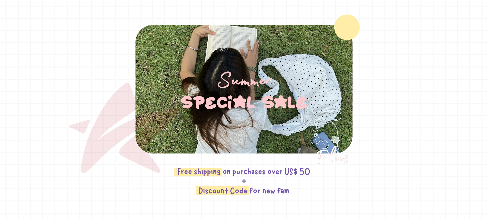 Woman lying on grass with a book, promotional text overlay for a summer special sale.