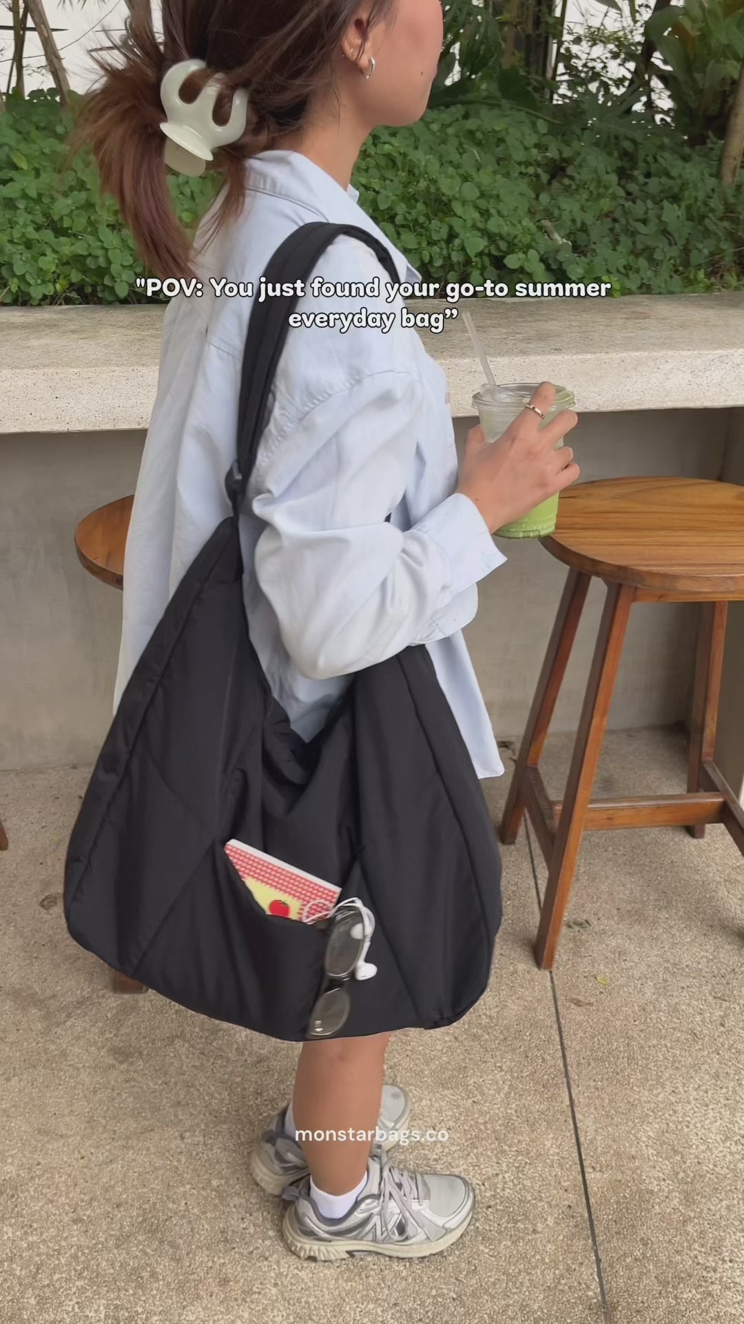 Puffy Bag being worn, followed by a look inside and a demonstration of items fitting in the bag.